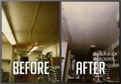 Ceiling Cleaaning and Restoration Before and After Picture of ceiling restoration for a Restaurant.