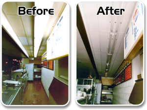 Ceiling Cleaning Before and After Picture of a Restaurant where the ceilings, walls and lights were cleaned.