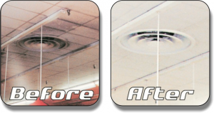 Acoustical Ceiling Cleaning and Restoration before and after picture.
