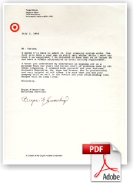 Target Store Regional Facility Services Letter of Testimony for Cleaning and Restoring acoustical ceilings.